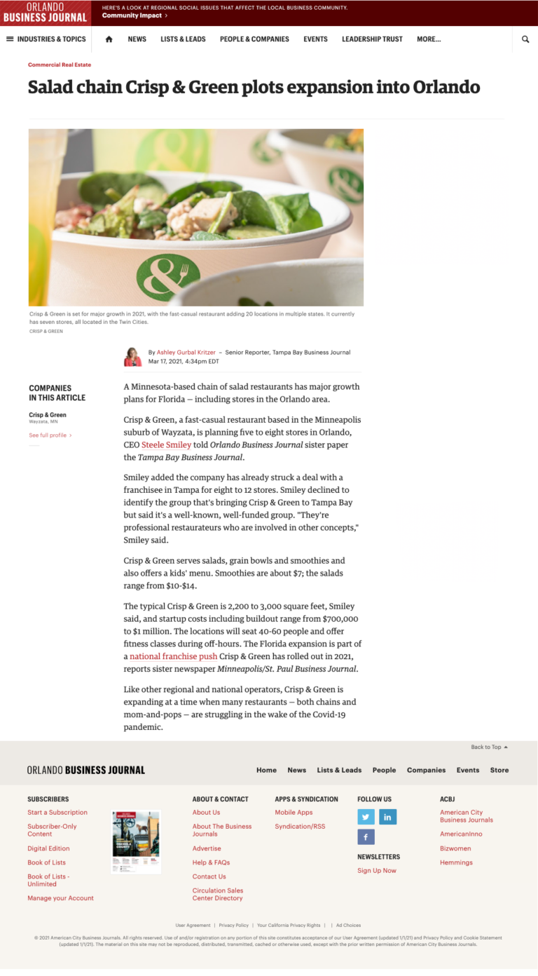 Orlando Business Journal March 17, 2021 Crisp & Green